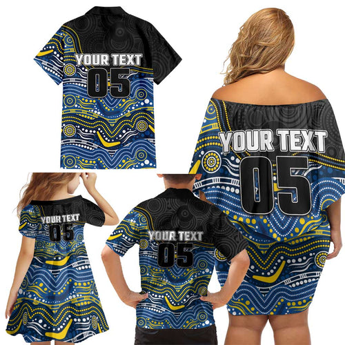 Custom Cowboys Family Matching Off Shoulder Short Dress and Hawaiian Shirt Cattle Dog Mascot With Aboriginal Indigenous