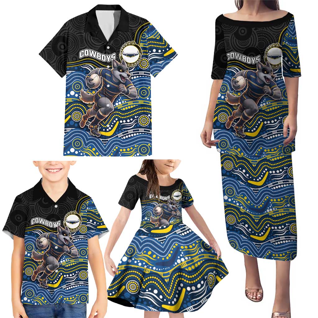 Custom Cowboys Family Matching Puletasi and Hawaiian Shirt Cattle Dog Mascot With Aboriginal Indigenous