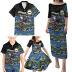 Custom Cowboys Family Matching Puletasi and Hawaiian Shirt Cattle Dog Mascot With Aboriginal Indigenous