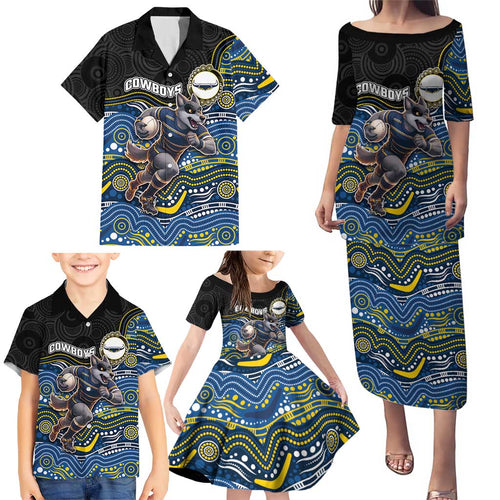 Custom Cowboys Family Matching Puletasi and Hawaiian Shirt Cattle Dog Mascot With Aboriginal Indigenous