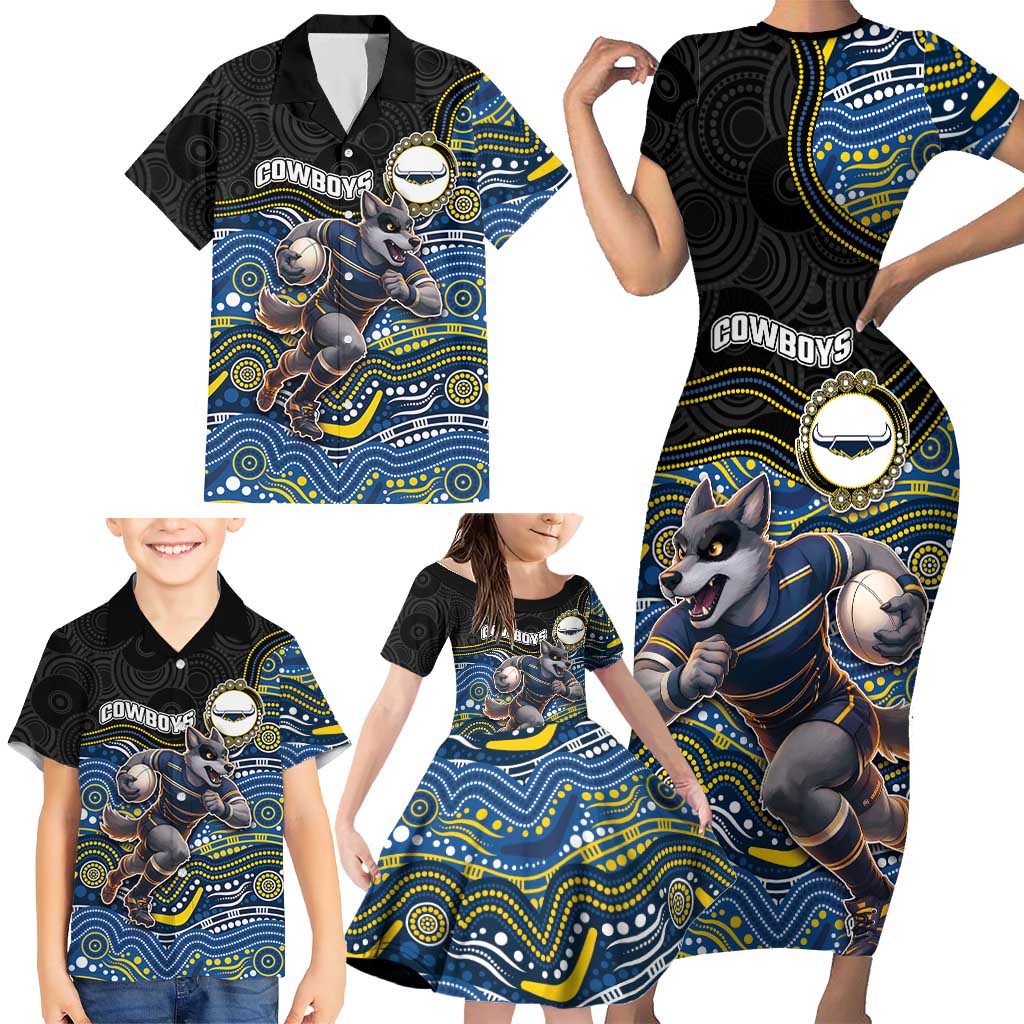 Custom Cowboys Family Matching Short Sleeve Bodycon Dress and Hawaiian Shirt Cattle Dog Mascot With Aboriginal Indigenous