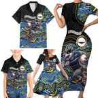 Custom Cowboys Family Matching Short Sleeve Bodycon Dress and Hawaiian Shirt Cattle Dog Mascot With Aboriginal Indigenous