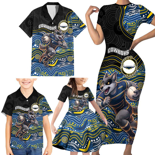 Custom Cowboys Family Matching Short Sleeve Bodycon Dress and Hawaiian Shirt Cattle Dog Mascot With Aboriginal Indigenous