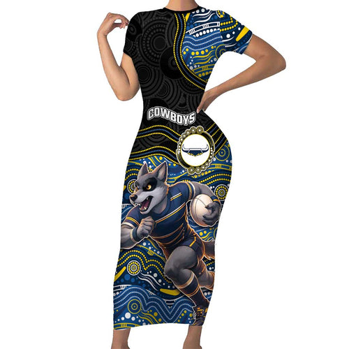 Custom Cowboys Family Matching Short Sleeve Bodycon Dress and Hawaiian Shirt Cattle Dog Mascot With Aboriginal Indigenous