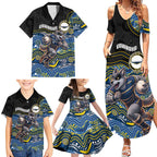 Custom Cowboys Family Matching Summer Maxi Dress and Hawaiian Shirt Cattle Dog Mascot With Aboriginal Indigenous