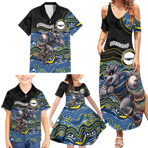 Custom Cowboys Family Matching Summer Maxi Dress and Hawaiian Shirt Cattle Dog Mascot With Aboriginal Indigenous