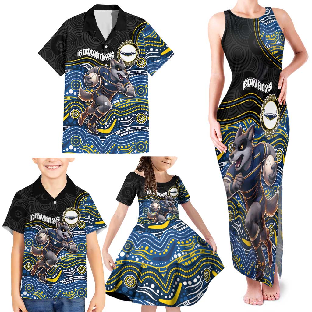 Custom Cowboys Family Matching Tank Maxi Dress and Hawaiian Shirt Cattle Dog Mascot With Aboriginal Indigenous