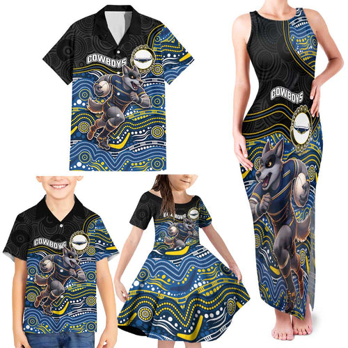 Custom Cowboys Family Matching Tank Maxi Dress and Hawaiian Shirt Cattle Dog Mascot With Aboriginal Indigenous