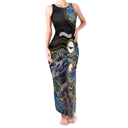 Custom Cowboys Family Matching Tank Maxi Dress and Hawaiian Shirt Cattle Dog Mascot With Aboriginal Indigenous