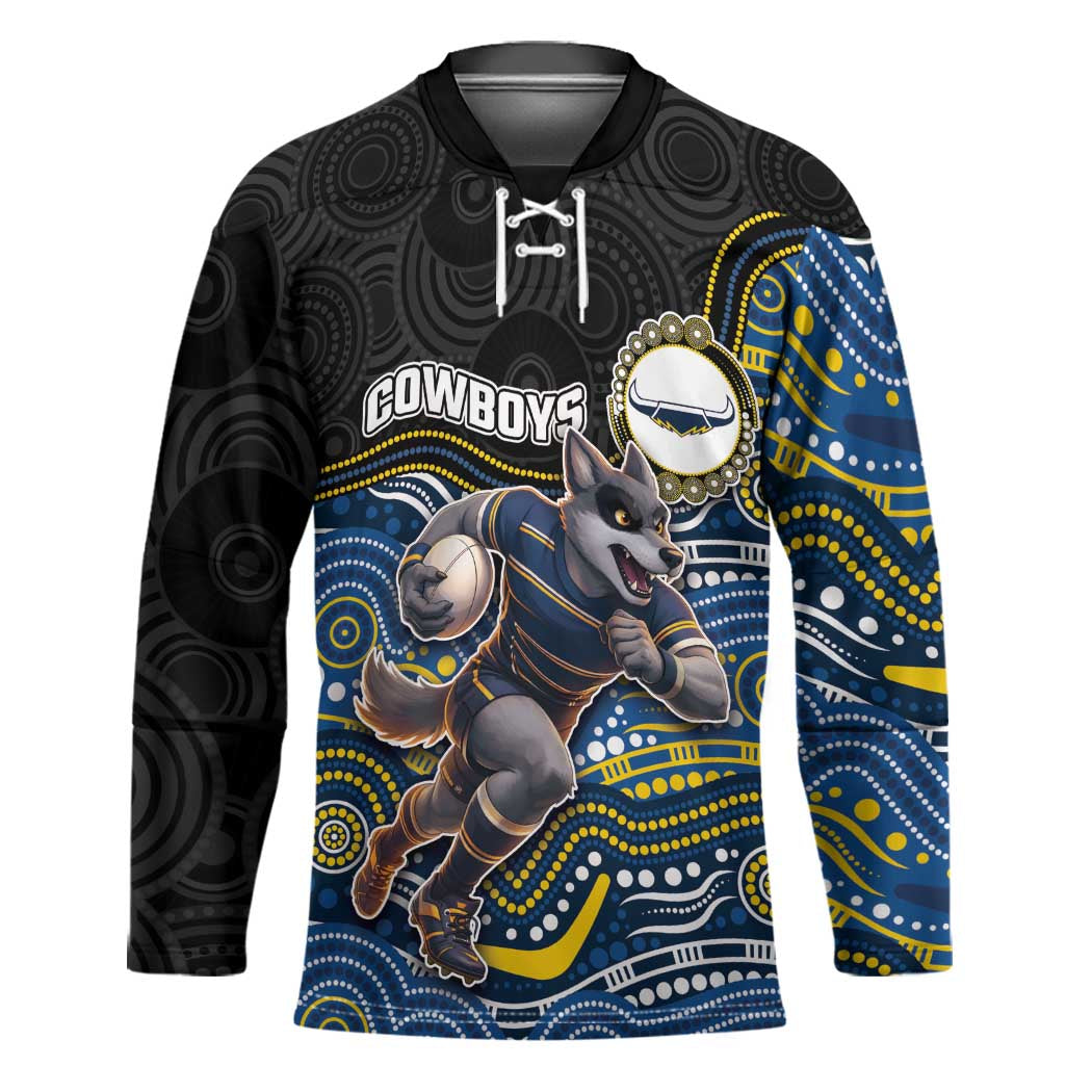 Custom Cowboys Hockey Jersey Cattle Dog Mascot With Aboriginal Indigenous