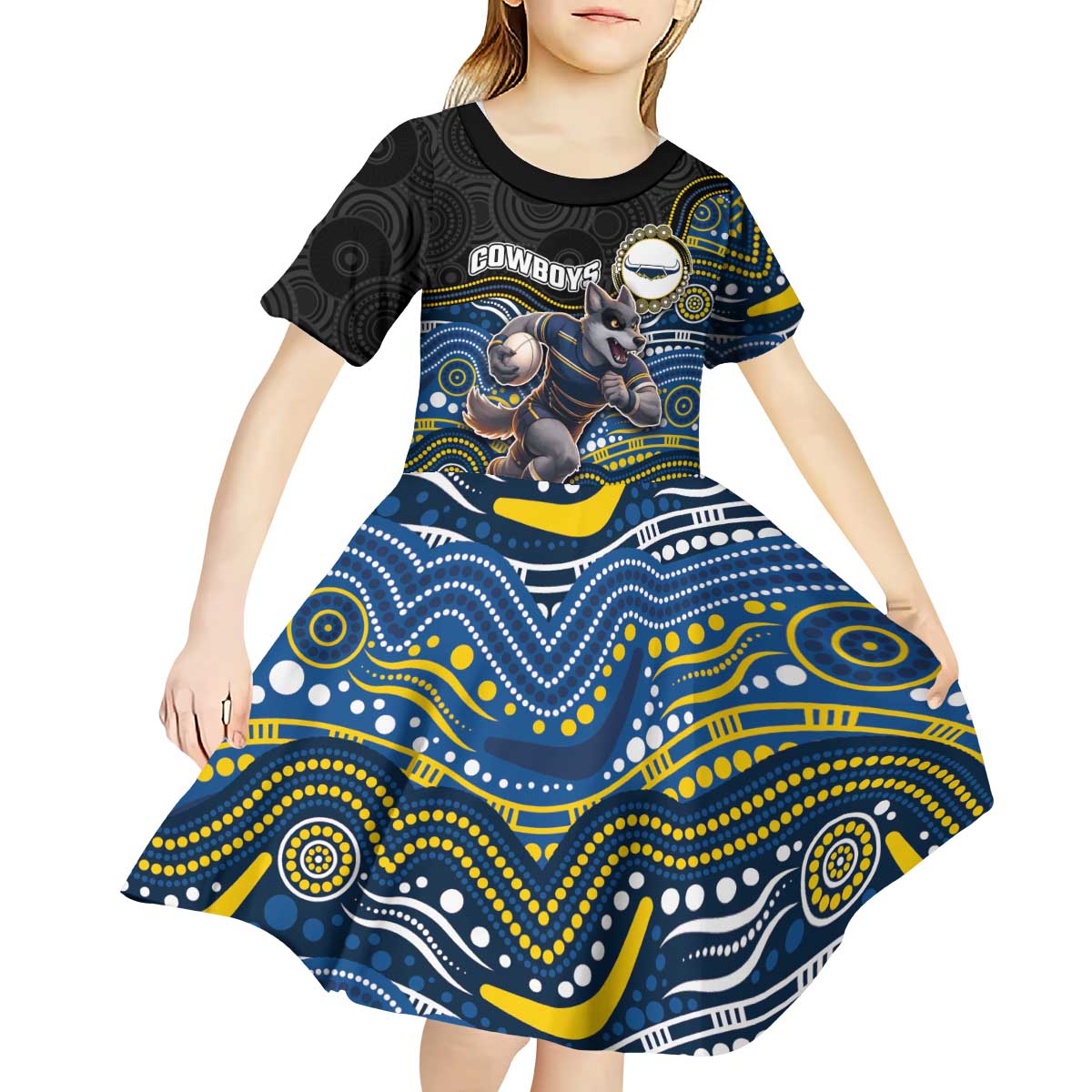 Custom Cowboys Kid Short Sleeve Dress Cattle Dog Mascot With Aboriginal Indigenous