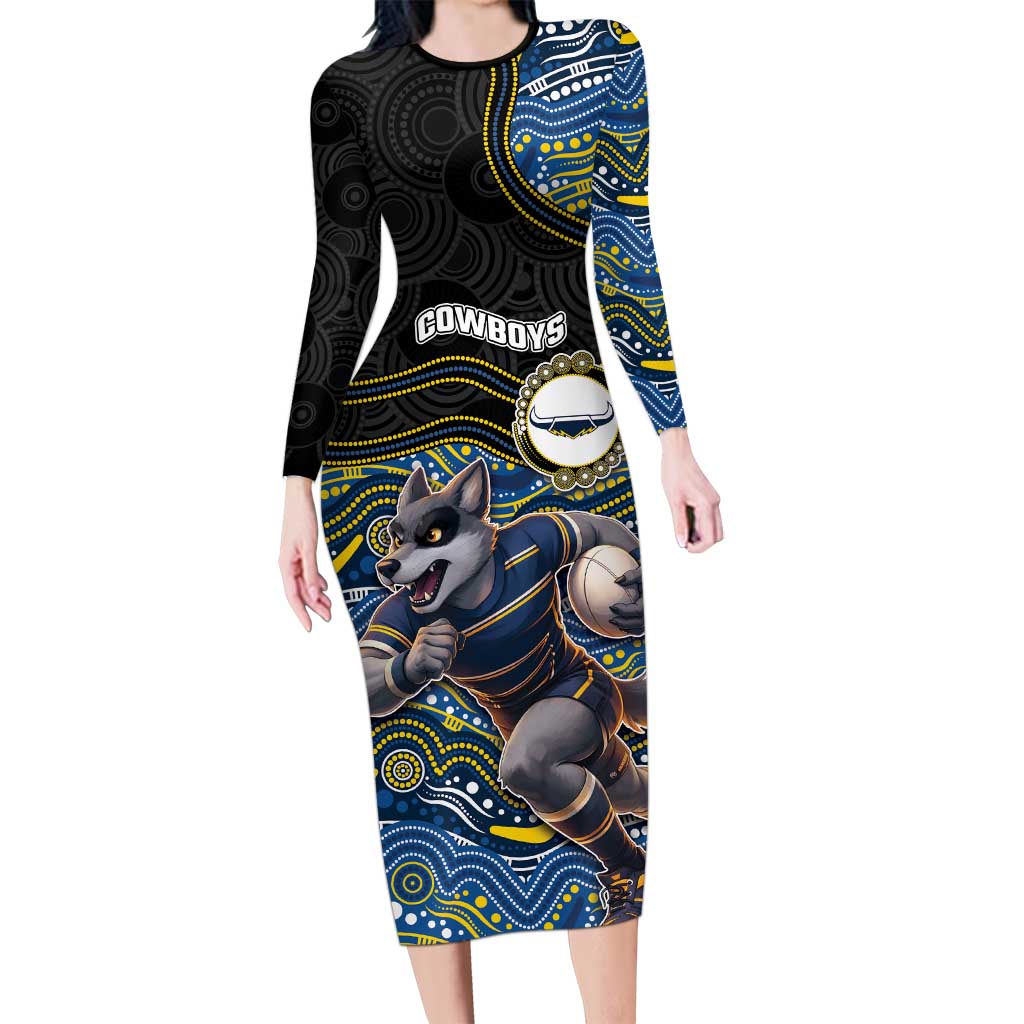 Custom Cowboys Long Sleeve Bodycon Dress Cattle Dog Mascot With Aboriginal Indigenous