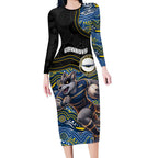 Custom Cowboys Long Sleeve Bodycon Dress Cattle Dog Mascot With Aboriginal Indigenous