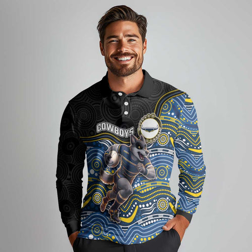 Custom Cowboys Long Sleeve Polo Shirt Cattle Dog Mascot With Aboriginal Indigenous