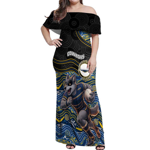 Custom Cowboys Off Shoulder Maxi Dress Cattle Dog Mascot With Aboriginal Indigenous