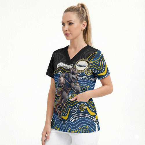 Custom Cowboys Scrub Top Cattle Dog Mascot With Aboriginal Indigenous