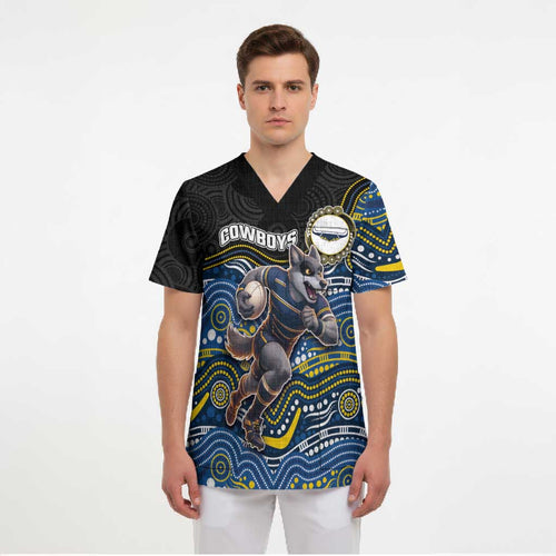 Custom Cowboys Scrub Top Cattle Dog Mascot With Aboriginal Indigenous