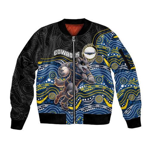 Custom Cowboys Sleeve Zip Bomber Jacket Cattle Dog Mascot With Aboriginal Indigenous