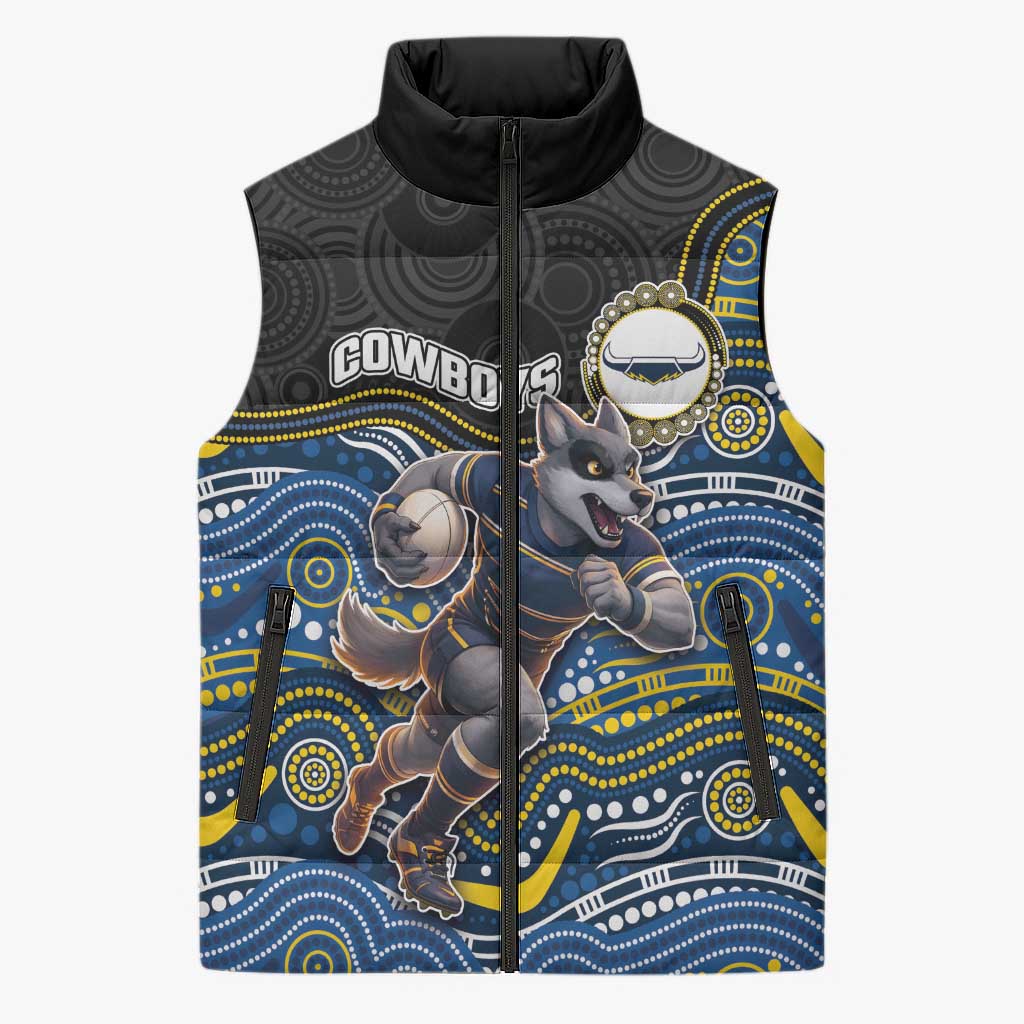 Custom Cowboys Sleeveless Puffer Jacket Cattle Dog Mascot With Aboriginal Indigenous