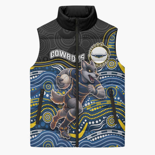 Custom Cowboys Sleeveless Puffer Jacket Cattle Dog Mascot With Aboriginal Indigenous