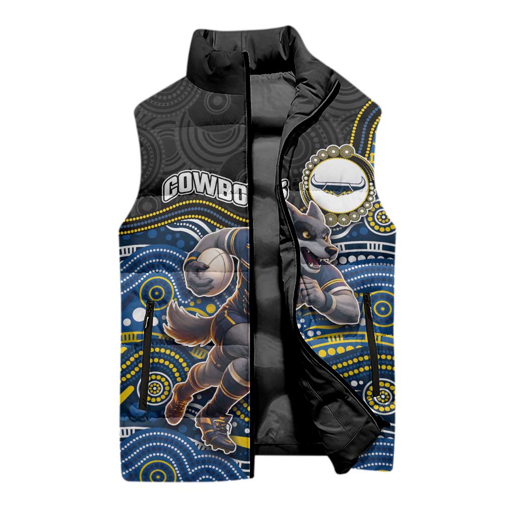 Custom Cowboys Sleeveless Puffer Jacket Cattle Dog Mascot With Aboriginal Indigenous