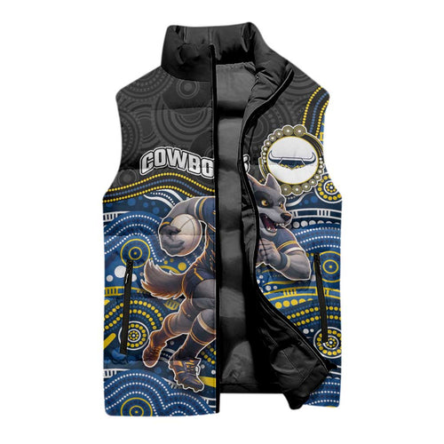 Custom Cowboys Sleeveless Puffer Jacket Cattle Dog Mascot With Aboriginal Indigenous