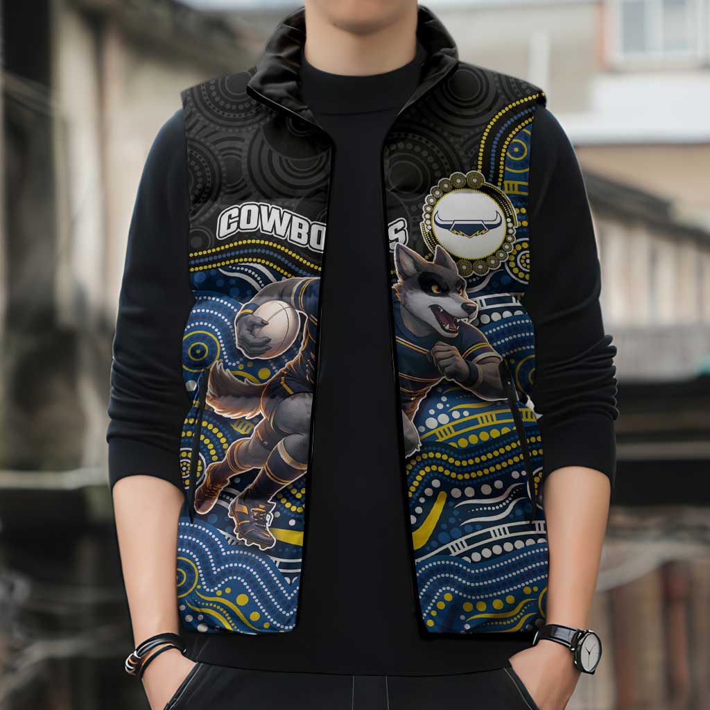 Custom Cowboys Sleeveless Puffer Jacket Cattle Dog Mascot With Aboriginal Indigenous