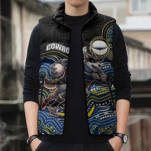 Custom Cowboys Sleeveless Puffer Jacket Cattle Dog Mascot With Aboriginal Indigenous