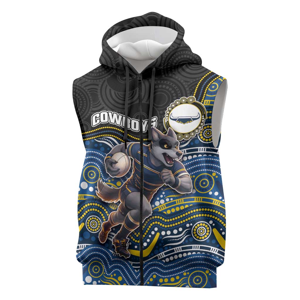 Custom Cowboys Sleeveless Zip Hoodie Cattle Dog Mascot With Aboriginal Indigenous
