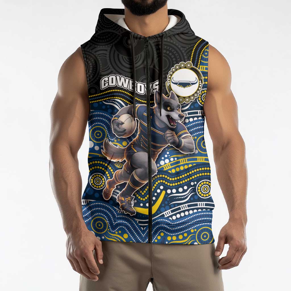 Custom Cowboys Sleeveless Zip Hoodie Cattle Dog Mascot With Aboriginal Indigenous