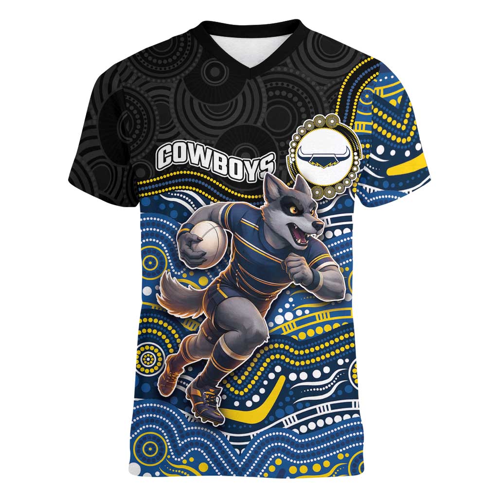 Custom Cowboys Women V-Neck T-Shirt Cattle Dog Mascot With Aboriginal Indigenous