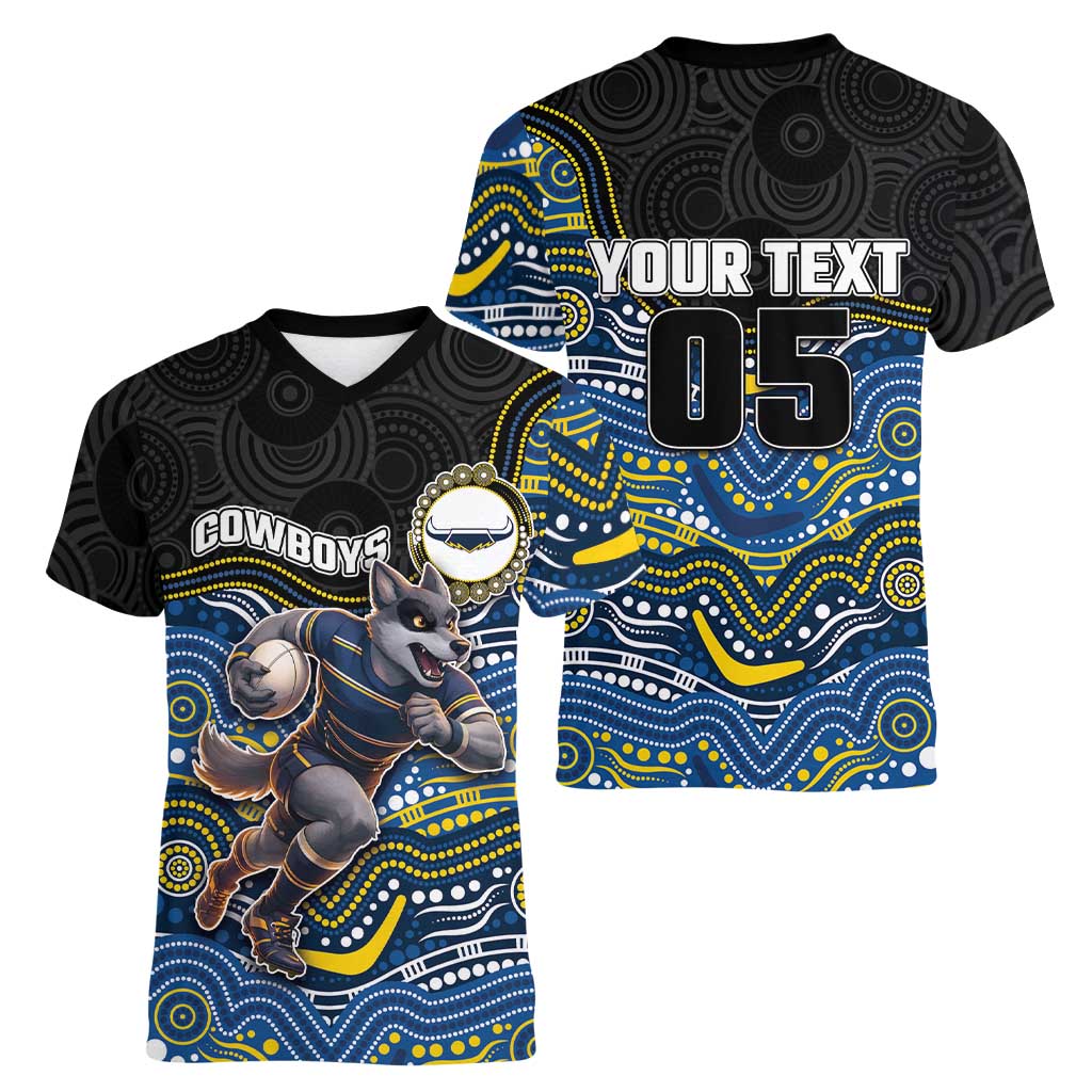 Custom Cowboys Women V-Neck T-Shirt Cattle Dog Mascot With Aboriginal Indigenous