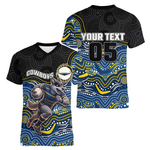 Custom Cowboys Women V-Neck T-Shirt Cattle Dog Mascot With Aboriginal Indigenous