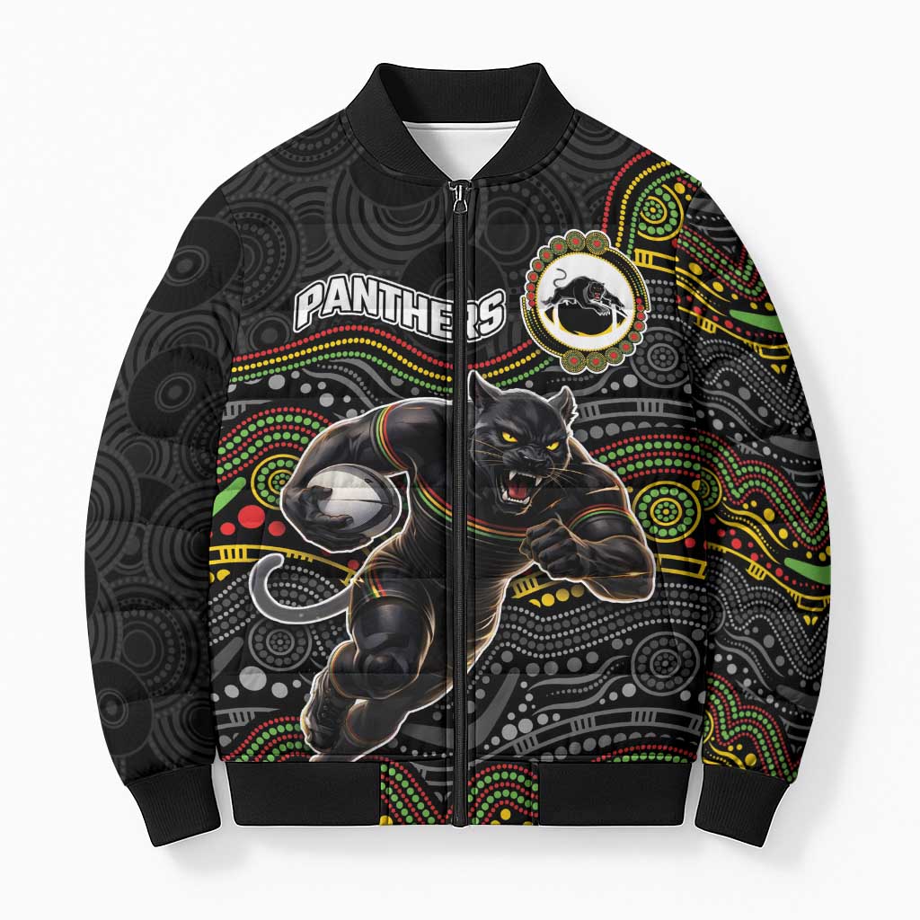 Custom Panthers Bomber Puffer Jacket Warrior Mascot With Aboriginal Indigenous