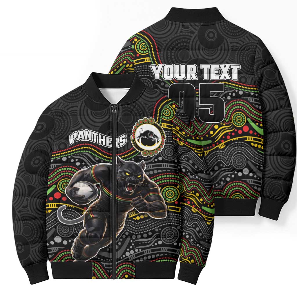 Custom Panthers Bomber Puffer Jacket Warrior Mascot With Aboriginal Indigenous