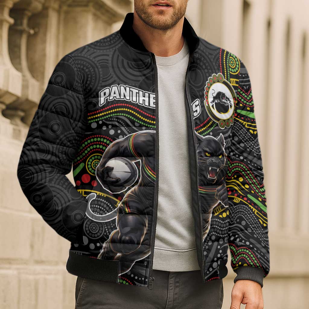 Custom Panthers Bomber Puffer Jacket Warrior Mascot With Aboriginal Indigenous