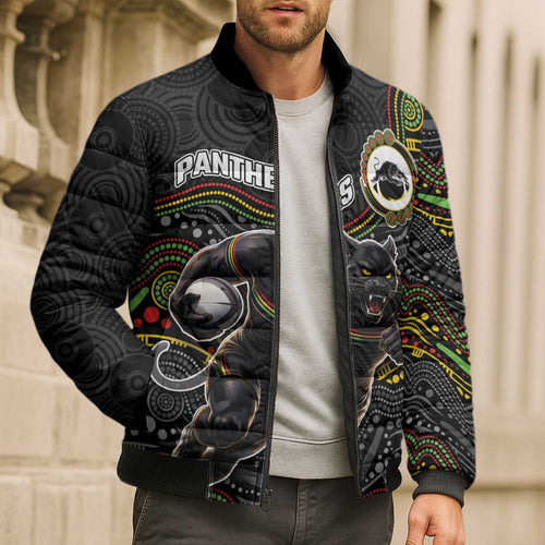 Custom Panthers Bomber Puffer Jacket Warrior Mascot With Aboriginal Indigenous