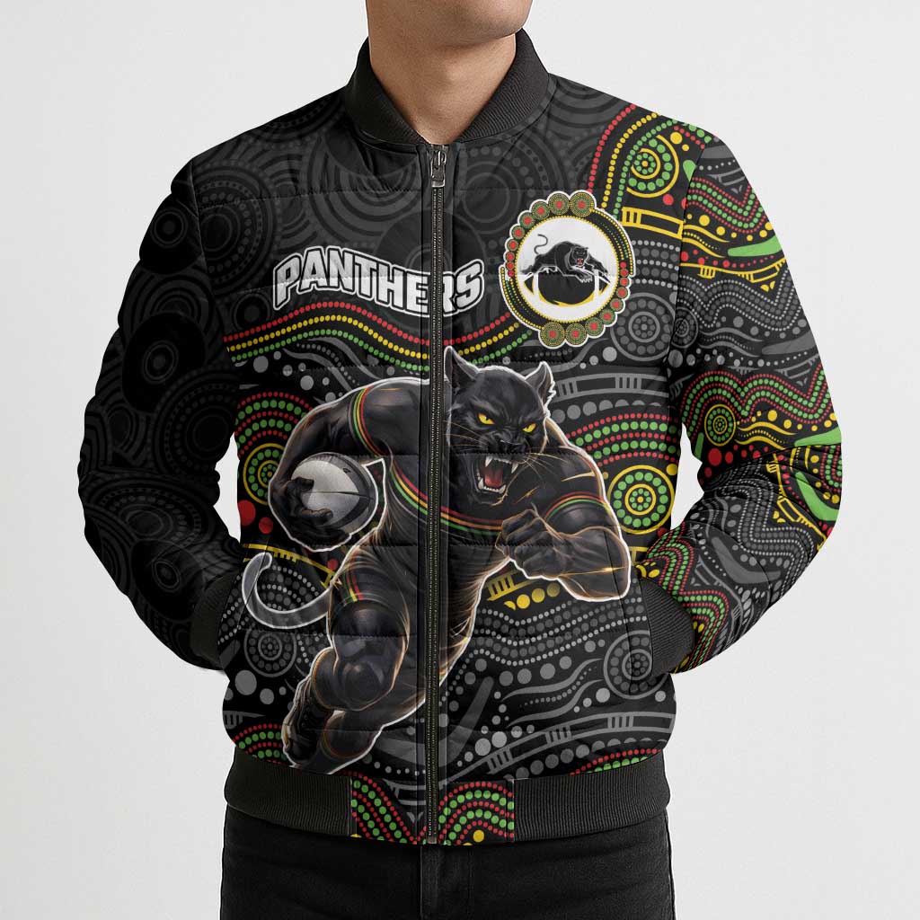 Custom Panthers Bomber Puffer Jacket Warrior Mascot With Aboriginal Indigenous