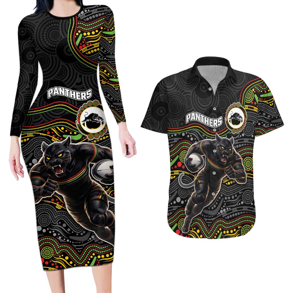 Custom Panthers Couples Matching Long Sleeve Bodycon Dress and Hawaiian Shirt Warrior Mascot With Aboriginal Indigenous