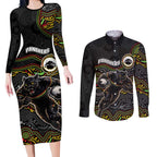 Custom Panthers Couples Matching Long Sleeve Bodycon Dress and Long Sleeve Button Shirt Warrior Mascot With Aboriginal Indigenous