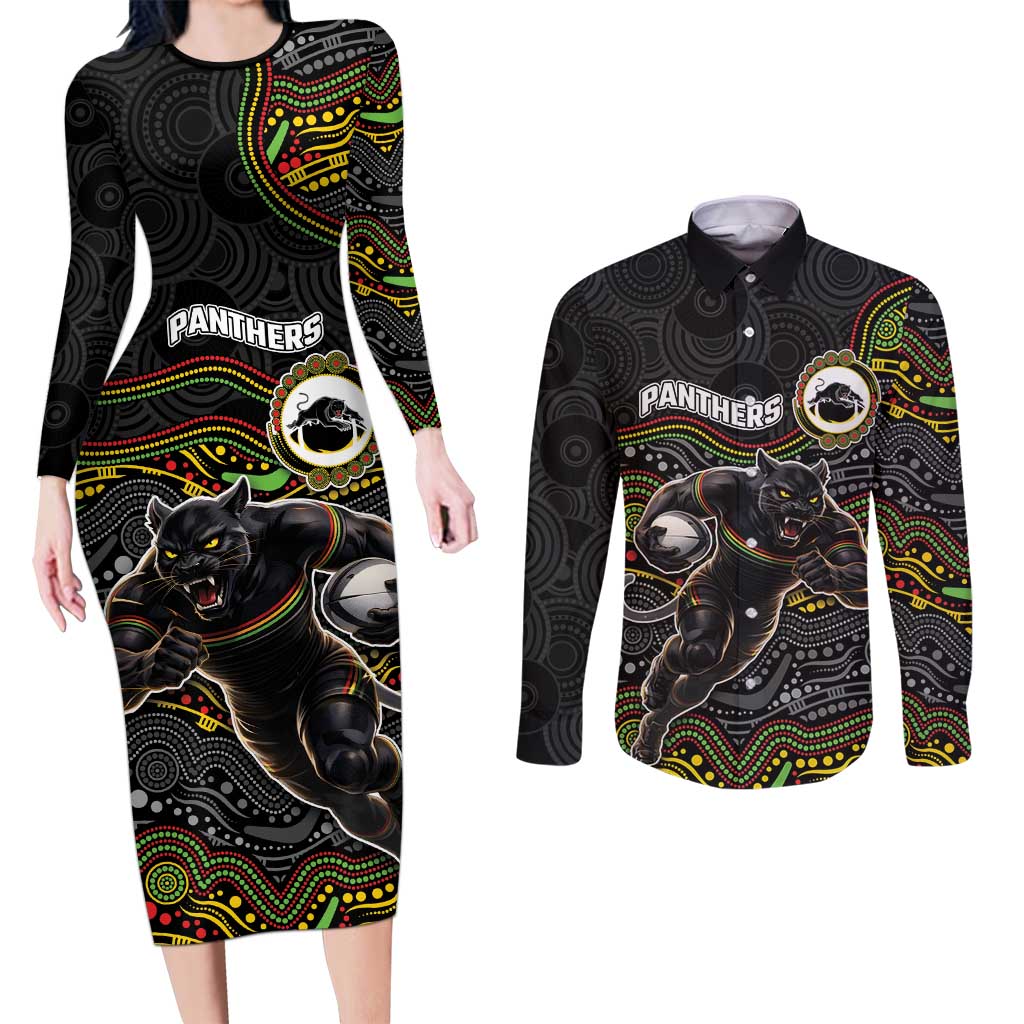 Custom Panthers Couples Matching Long Sleeve Bodycon Dress and Long Sleeve Button Shirt Warrior Mascot With Aboriginal Indigenous