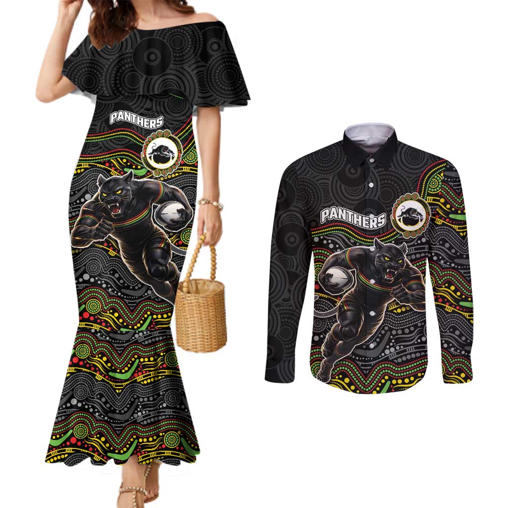 Custom Panthers Couples Matching Mermaid Dress and Long Sleeve Button Shirt Warrior Mascot With Aboriginal Indigenous