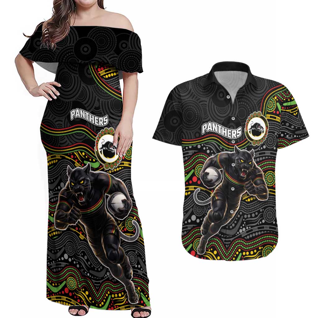 Custom Panthers Couples Matching Off Shoulder Maxi Dress and Hawaiian Shirt Warrior Mascot With Aboriginal Indigenous