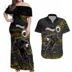 Custom Panthers Couples Matching Off Shoulder Maxi Dress and Hawaiian Shirt Warrior Mascot With Aboriginal Indigenous