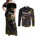 Custom Panthers Couples Matching Off Shoulder Maxi Dress and Long Sleeve Button Shirt Warrior Mascot With Aboriginal Indigenous