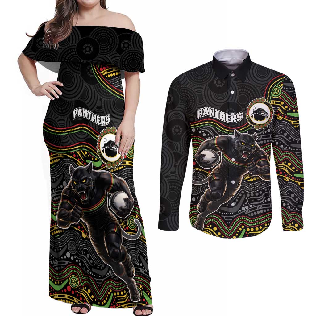 Custom Panthers Couples Matching Off Shoulder Maxi Dress and Long Sleeve Button Shirt Warrior Mascot With Aboriginal Indigenous