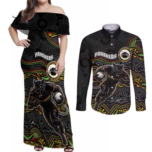 Custom Panthers Couples Matching Off Shoulder Maxi Dress and Long Sleeve Button Shirt Warrior Mascot With Aboriginal Indigenous