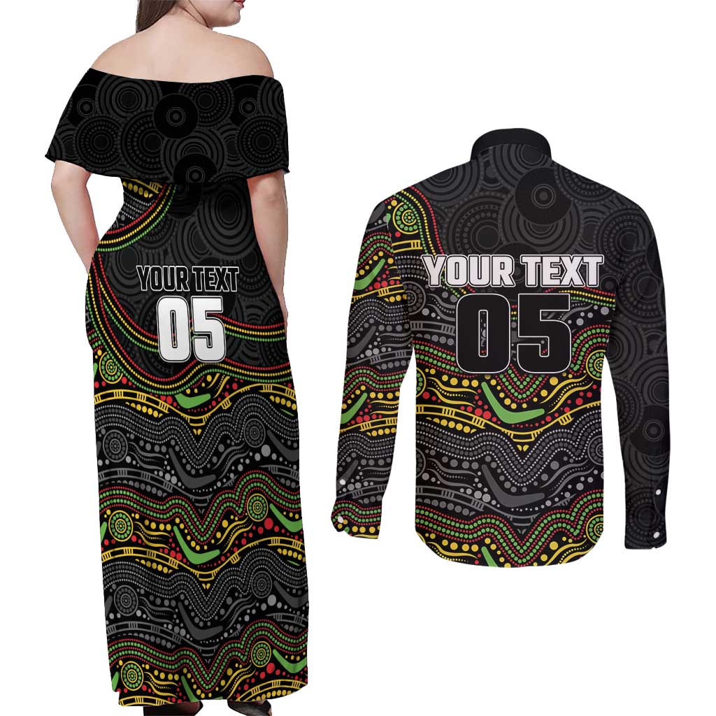 Custom Panthers Couples Matching Off Shoulder Maxi Dress and Long Sleeve Button Shirt Warrior Mascot With Aboriginal Indigenous