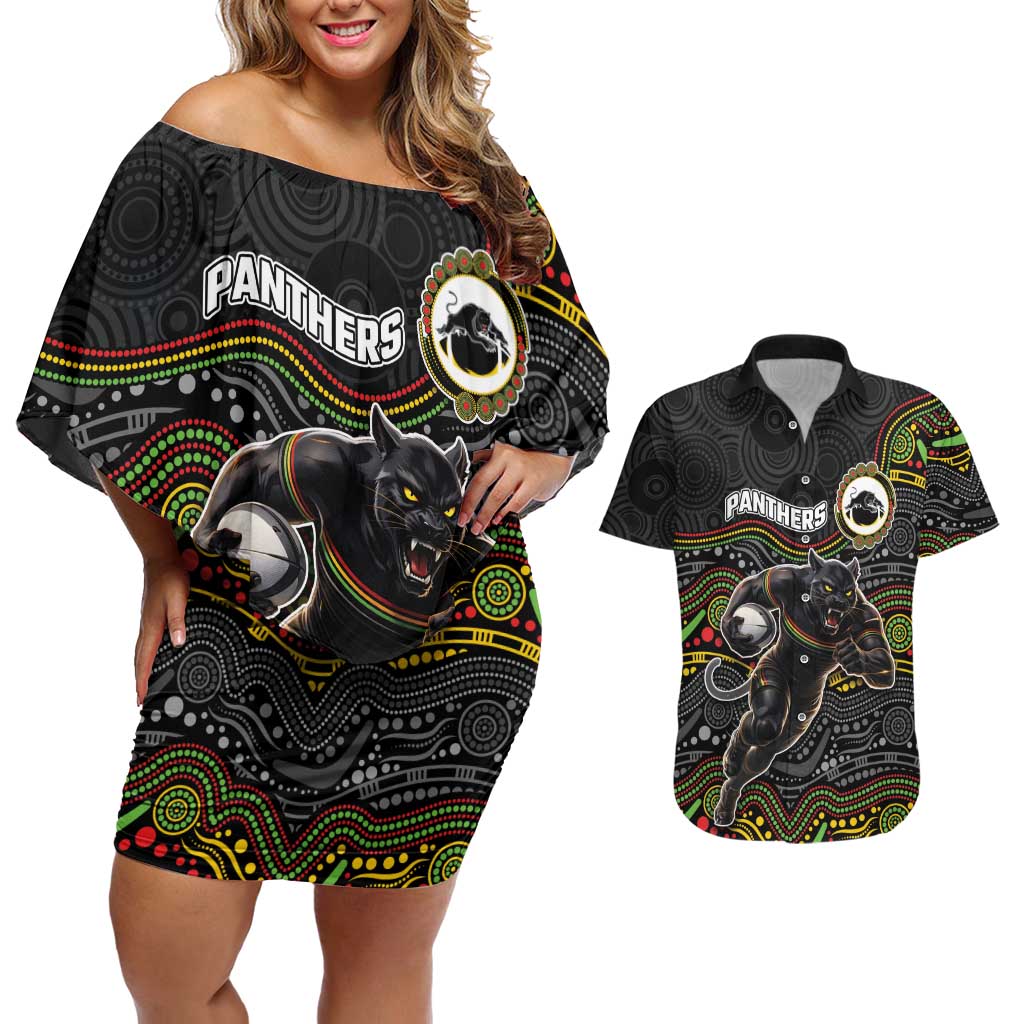 Custom Panthers Couples Matching Off Shoulder Short Dress and Hawaiian Shirt Warrior Mascot With Aboriginal Indigenous
