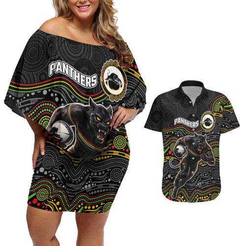 Custom Panthers Couples Matching Off Shoulder Short Dress and Hawaiian Shirt Warrior Mascot With Aboriginal Indigenous